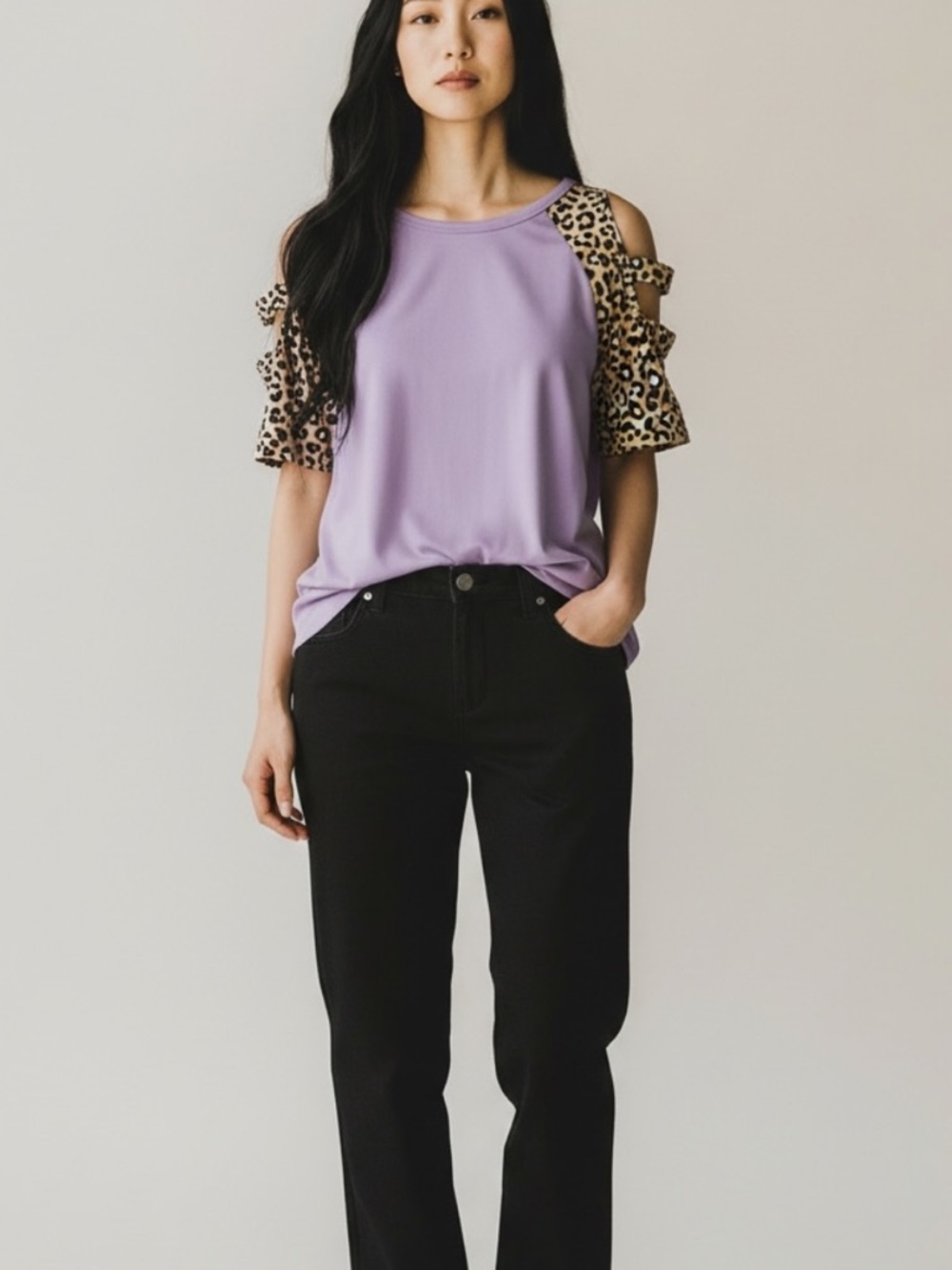 Watermelon Boutique Leopard Contrast Trim Cut Out Sleeve Top Women’s S Lilac